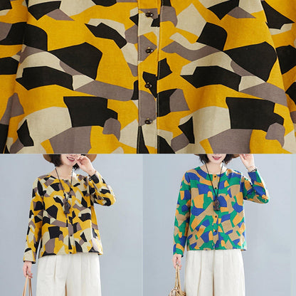 French O Neck Button Down Shirts Inspiration Yellow Geometric Top - SooLinen