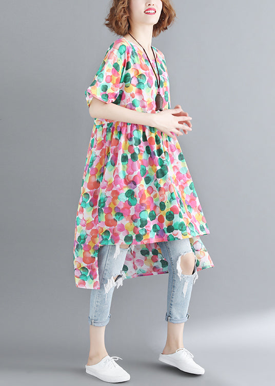 Französisches Kleid mit Rundhalsausschnitt, gerafftem Punktdruck und niedrigem, hohem Design und kurzen Ärmeln