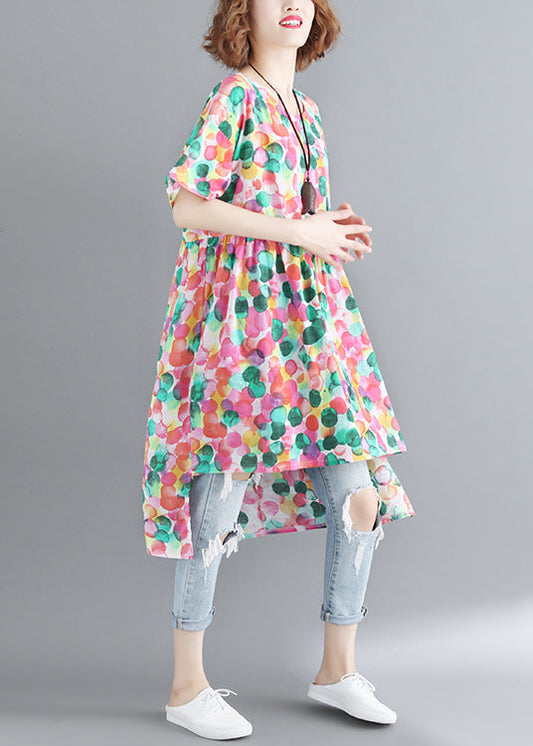 Französisches Kleid mit Rundhalsausschnitt, gerafftem Punktdruck und niedrigem, hohem Design und kurzen Ärmeln