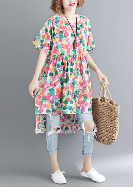 Französisches Kleid mit Rundhalsausschnitt, gerafftem Punktdruck und niedrigem, hohem Design und kurzen Ärmeln