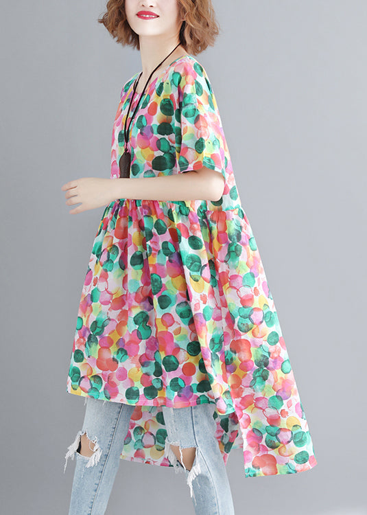 Französisches Kleid mit Rundhalsausschnitt, gerafftem Punktdruck und niedrigem, hohem Design und kurzen Ärmeln