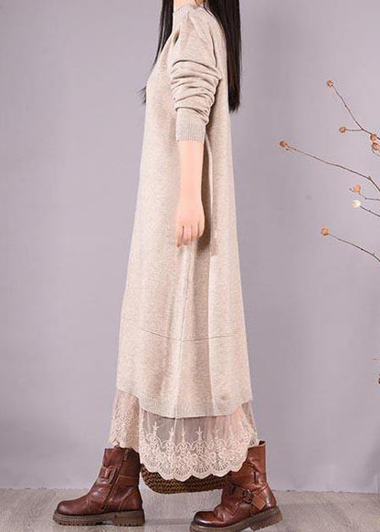 French O Neck Patchwork Lace Spring Clothes For Women Sewing Beige Robe Dresses - SooLinen
