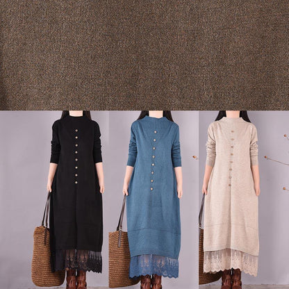 French O Neck Patchwork Lace Spring Clothes For Women Sewing Beige Robe Dresses - SooLinen