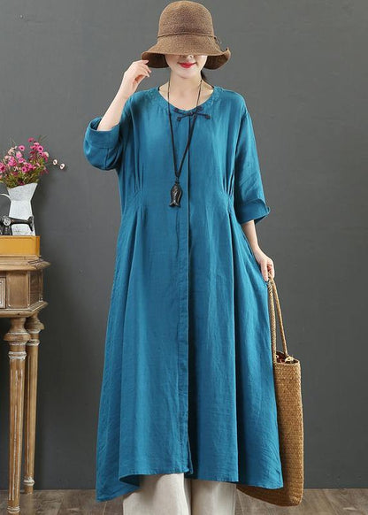 French O Neck Patchwork Spring Tunics Tunic Tops Blue Long Dress - SooLinen