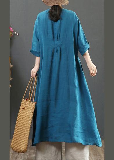 French O Neck Patchwork Spring Tunics Tunic Tops Blue Long Dress - SooLinen
