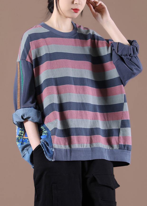 French O-Neck Spring Shirts Pattern Gray Striped Tops - SooLinen
