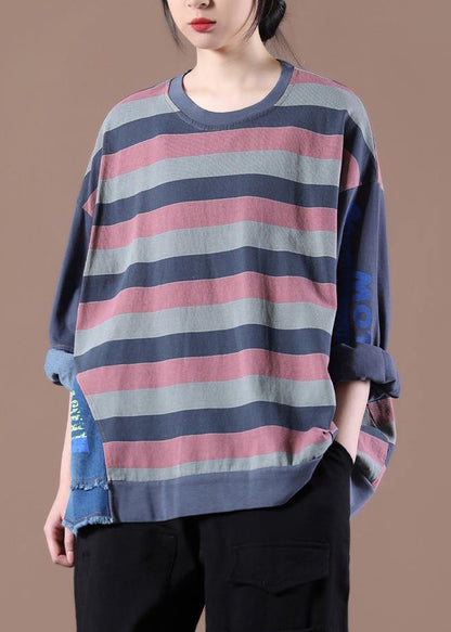 French O-Neck Spring Shirts Pattern Gray Striped Tops - SooLinen