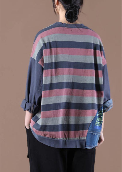 French O-Neck Spring Shirts Pattern Gray Striped Tops - SooLinen