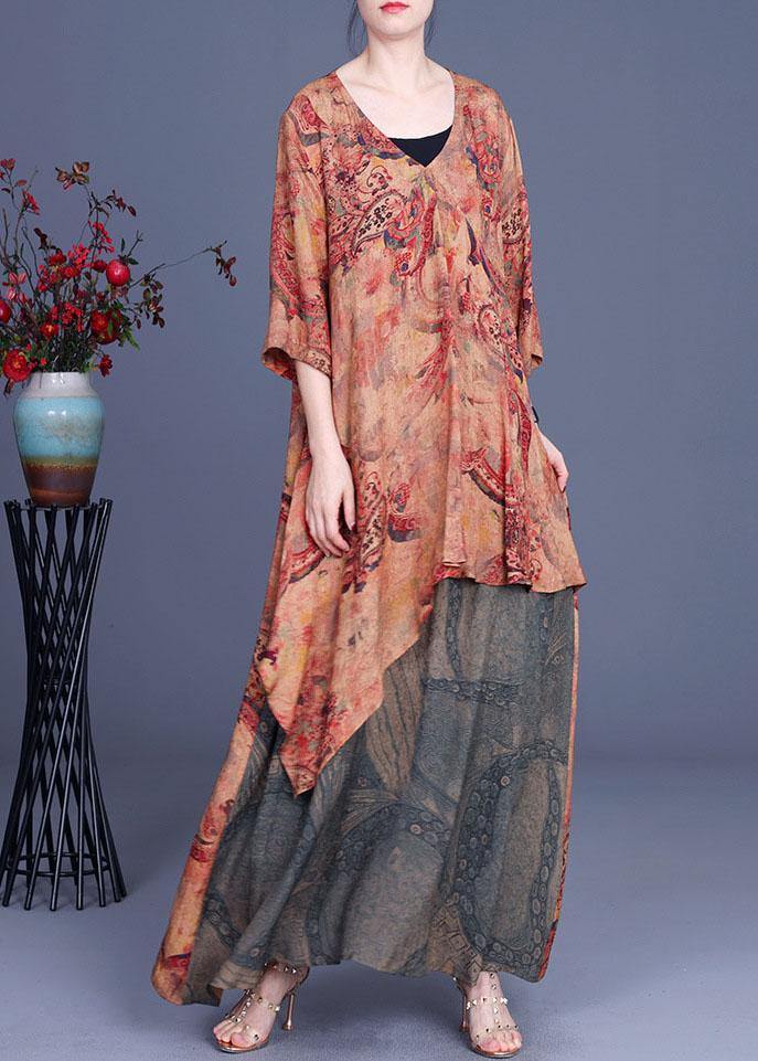 French Orange Asymmetrical V Neck Print Summer Silk Summer Dress Half Sleeve - SooLinen