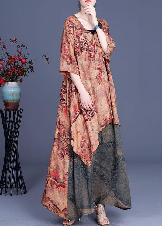 French Orange Asymmetrical V Neck Print Summer Silk Summer Dress Half Sleeve - SooLinen