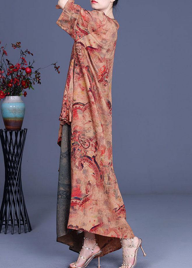 French Orange Asymmetrical V Neck Print Summer Silk Summer Dress Half Sleeve - SooLinen