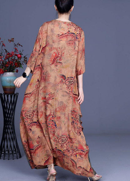 French Orange Asymmetrical V Neck Print Summer Silk Summer Dress Half Sleeve - SooLinen