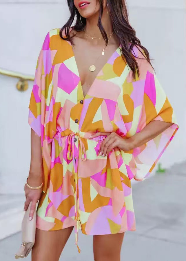 French Orange Cinched Print Chiffon Mini Dresses Batwing Sleeve