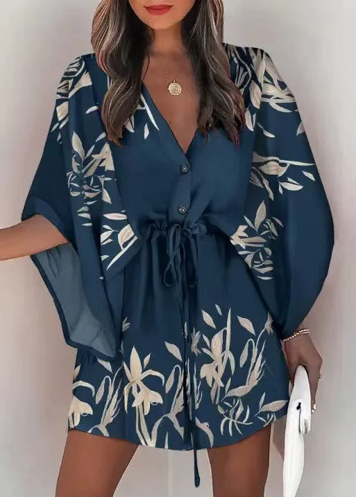 French Orange Cinched Print Chiffon Mini Dresses Batwing Sleeve