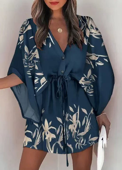 French Orange Cinched Print Chiffon Mini Dresses Batwing Sleeve