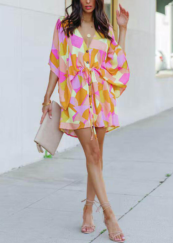 French Orange Cinched Print Chiffon Mini Dresses Batwing Sleeve