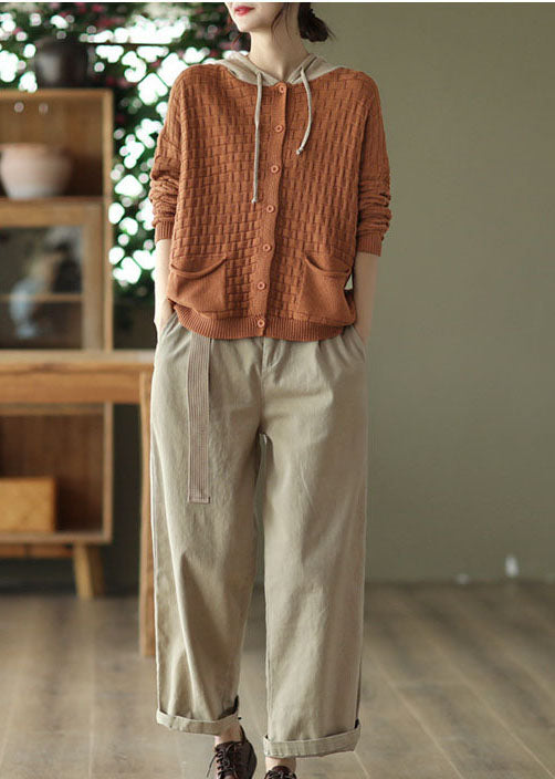 Französisch Orange Kapuze Patchwork Kordelzug Strickjacke Frühling