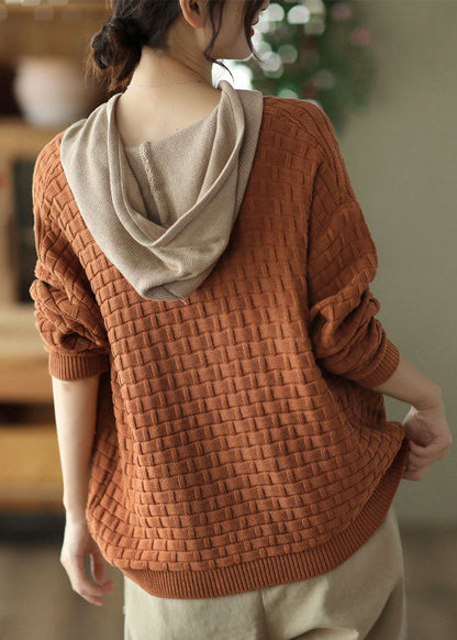 Französisch Orange Kapuze Patchwork Kordelzug Strickjacke Frühling