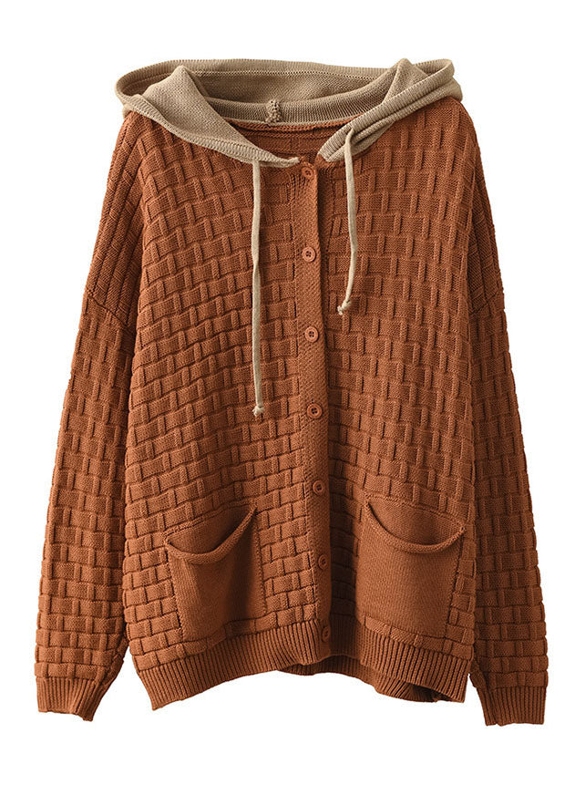 Französisch Orange Kapuze Patchwork Kordelzug Strickjacke Frühling