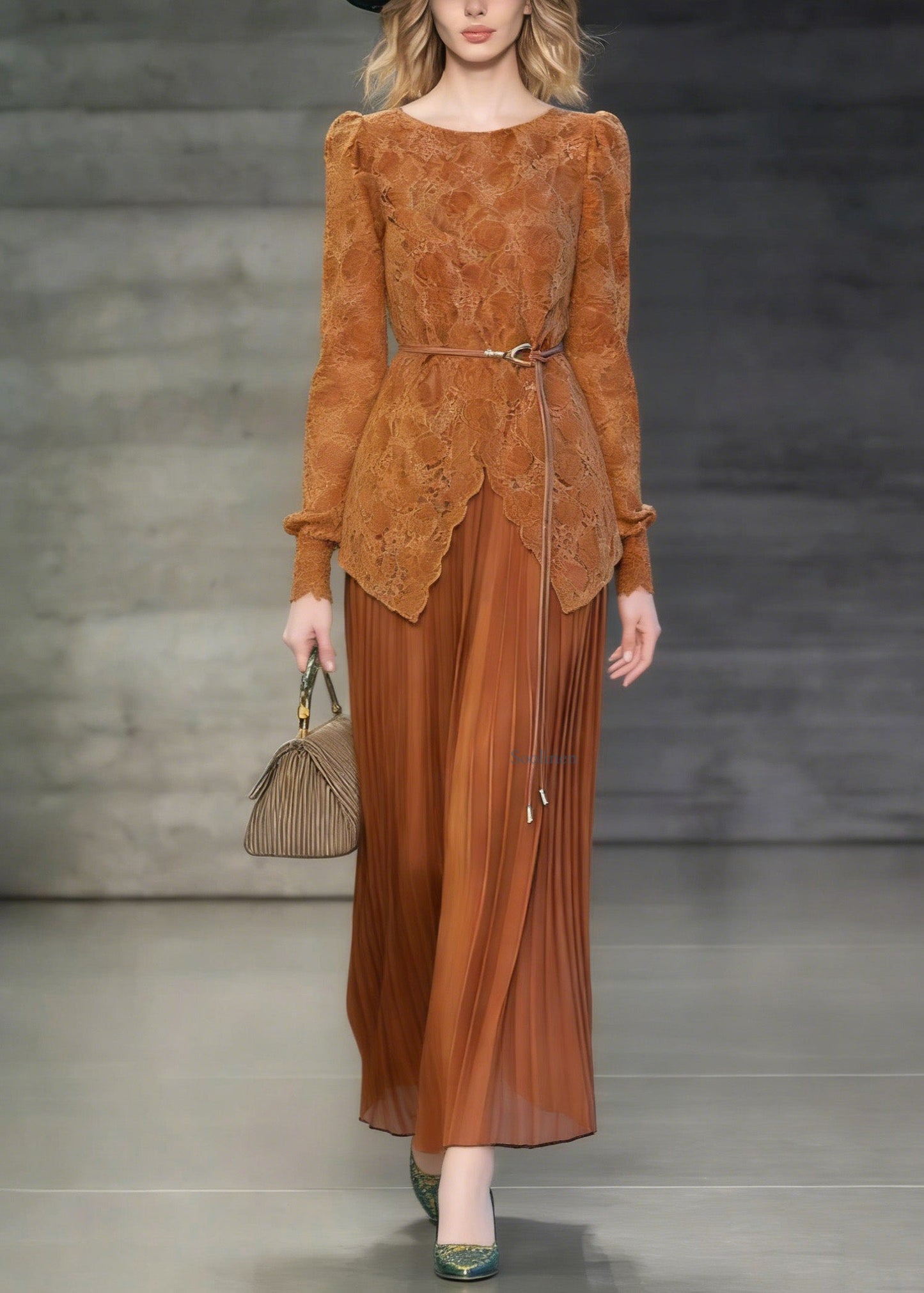 French Orange O Neck False Two Pieces Patchwork Lace Dresses Spring