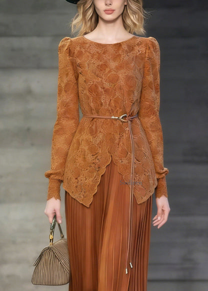 French Orange O Neck False Two Pieces Patchwork Lace Dresses Spring