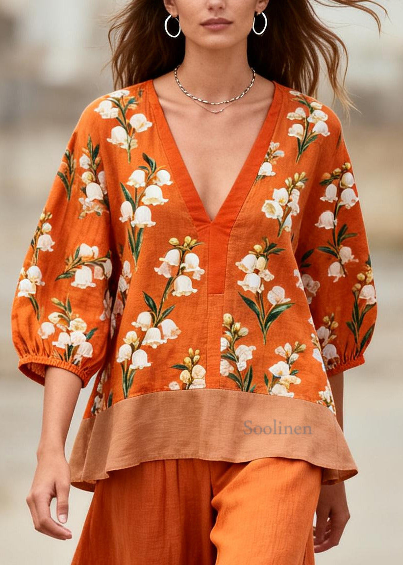 French Orange Oversized Patchwork Print Cotton Two Pieces Set Summer
