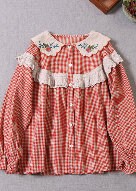 Französisch Orange Rot Bestickt Patchwork Hemd Tops Frühling