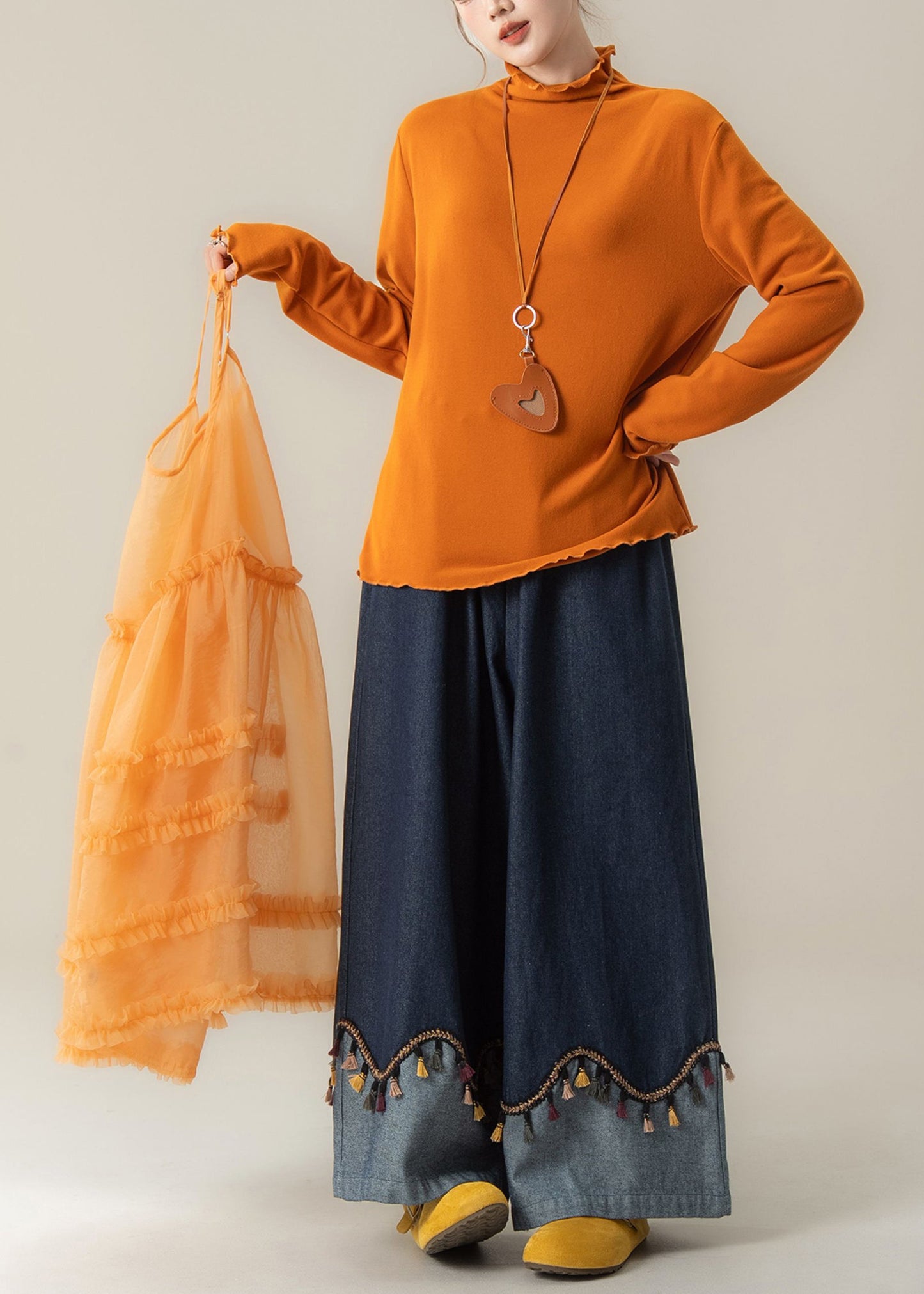 Conjunto de 3 piezas de camiseta de algodón y pantalón vaquero con volantes en color naranja francés, con tirantes finos, para primavera.