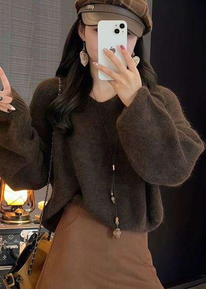 French Orange V Neck Knit Sweaters Top Spring