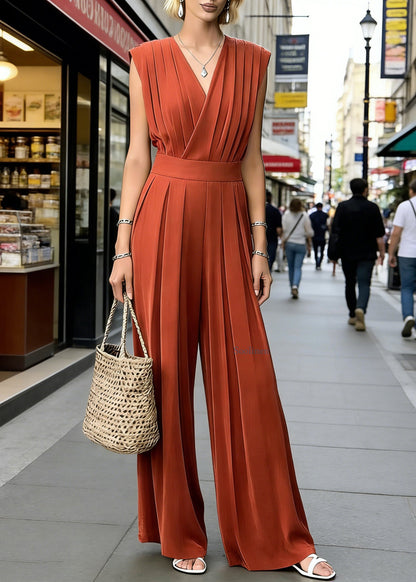 French Orange V Neck Wrinkled Cotton Jumpsuit Sleeveless