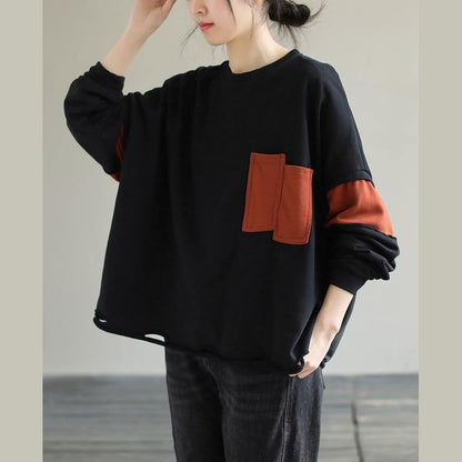 French Patchwork cotton Spring Long Shirts Work Outfits Black blouses - SooLinen