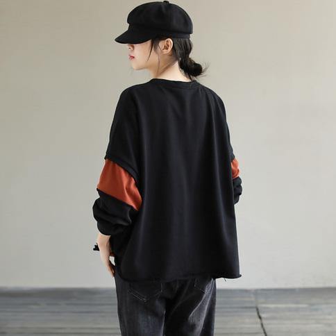 French Patchwork cotton Spring Long Shirts Work Outfits Black blouses - SooLinen