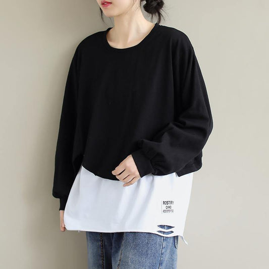 French Patchwork cotton SpringBlouse Neckline Black Shirts - SooLinen