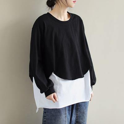 French Patchwork cotton SpringBlouse Neckline Black Shirts - SooLinen
