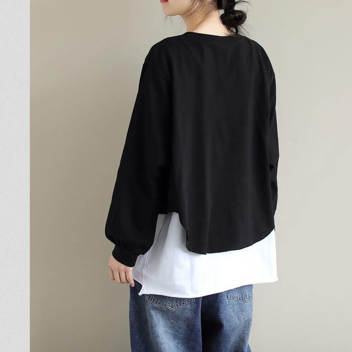 French Patchwork cotton SpringBlouse Neckline Black Shirts - SooLinen