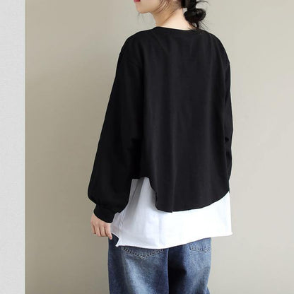 French Patchwork cotton SpringBlouse Neckline Black Shirts - SooLinen