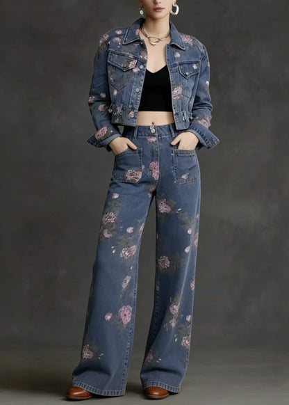 French Peter Pan Collar Print Pockets Denim Two Piece Suit Set Spring