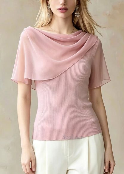 French Pink Asymmetrical Patchwork Knit Top Summer