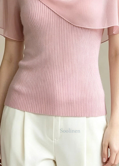 French Pink Asymmetrical Patchwork Knit Top Summer