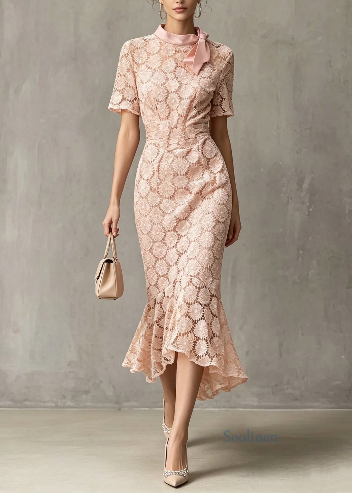 French Pink Bow Asymmetrical Design Patchwork Lace Dresses Summer