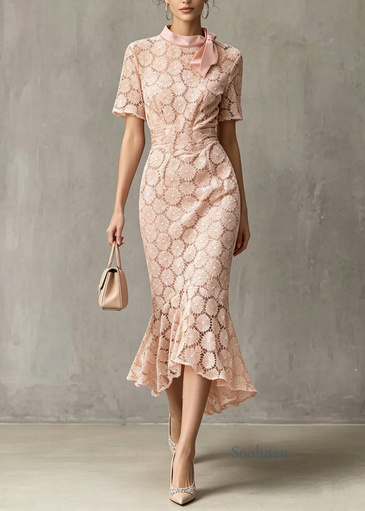 French Pink Bow Asymmetrical Design Patchwork Lace Dresses Summer