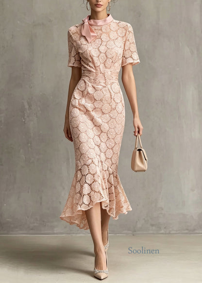 French Pink Bow Asymmetrical Design Patchwork Lace Dresses Summer
