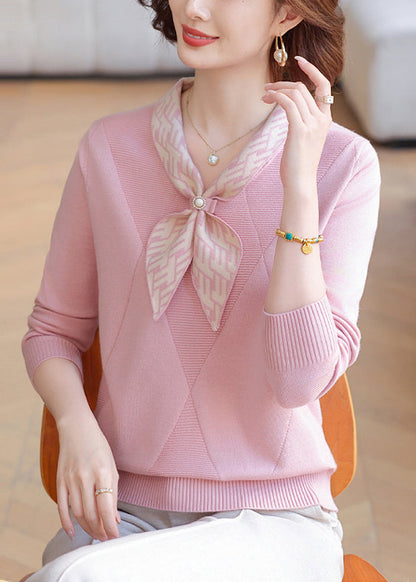 French Pink Bow Striped Knit Pullover Winter