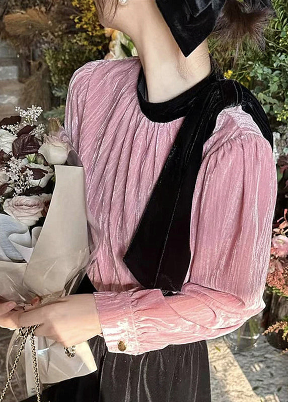 French Pink Bow Wrinkled Silk Velour Shirts Puff Sleeve