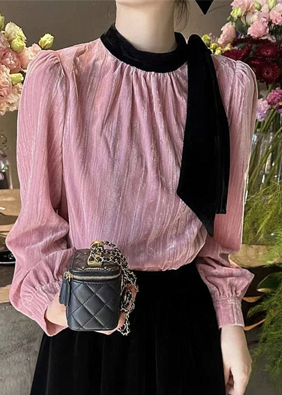 French Pink Bow Wrinkled Silk Velour Shirts Puff Sleeve