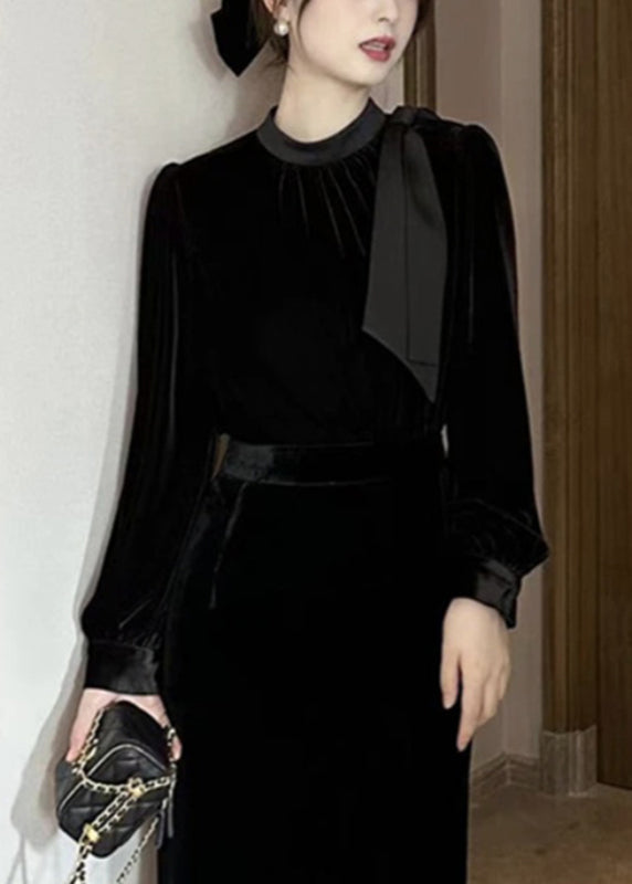 French Pink Bow Wrinkled Silk Velour Shirts Puff Sleeve