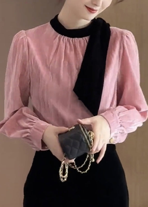 French Pink Bow Wrinkled Silk Velour Shirts Puff Sleeve