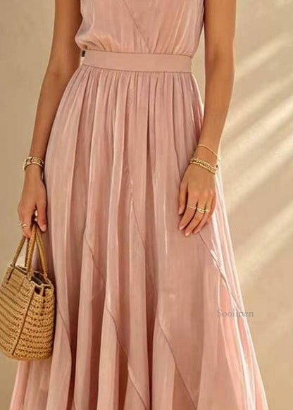 French Pink Elastic Waist Tulle Maxi Skirts Summer