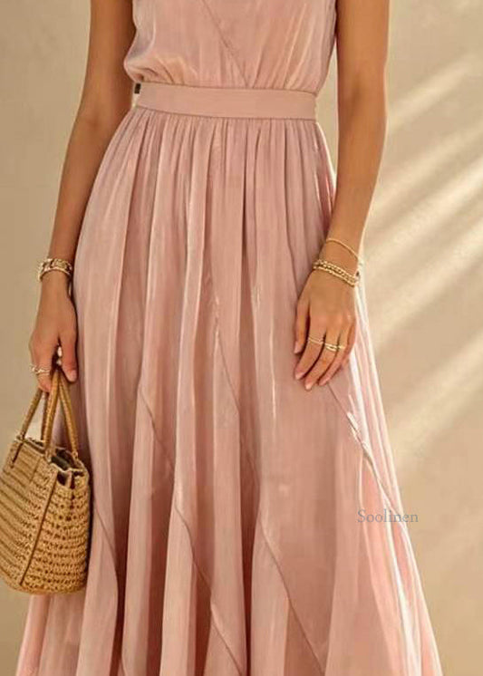 French Pink Elastic Waist Tulle Maxi Skirts Summer