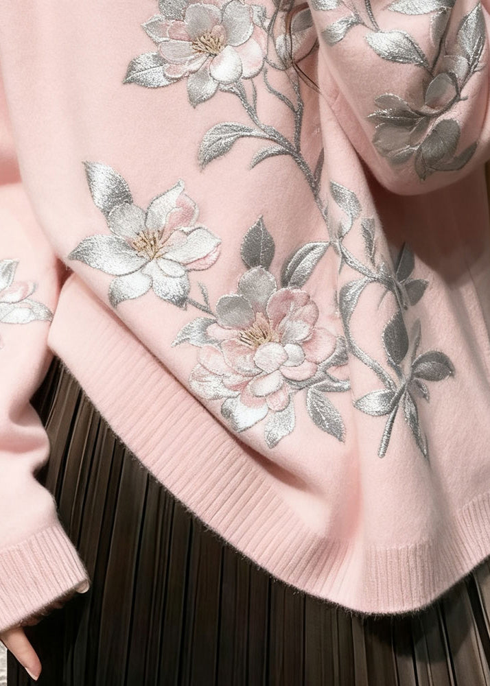 Suéteres acogedores de punto con flores bordadas en rosa francés para invierno